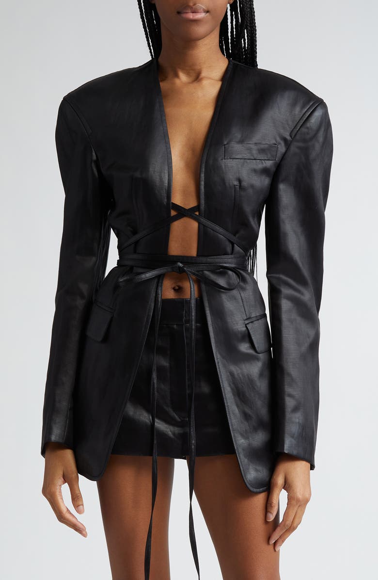 Alexander Wang Belt Strapped Open Front Linen Blend Blazer, Main, color, 