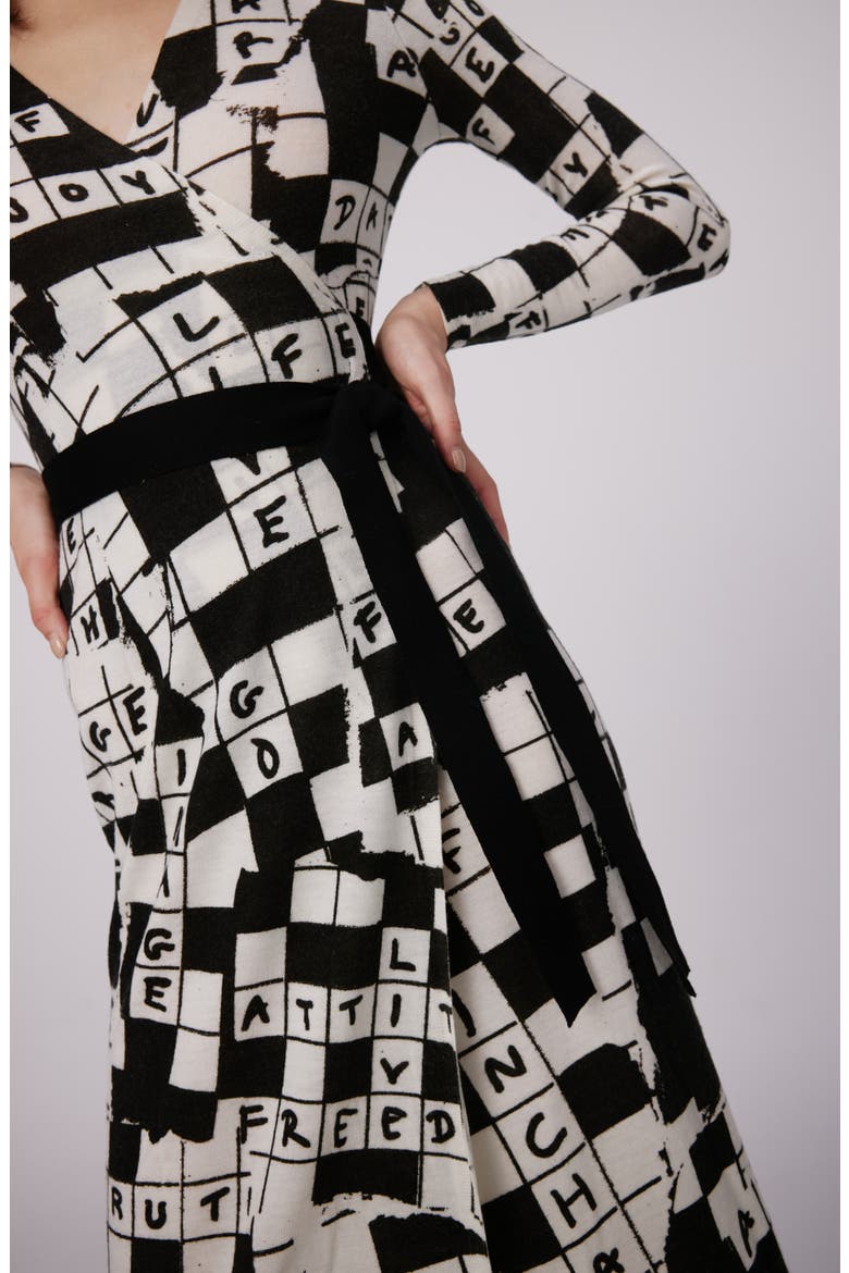 Luella Crossword Print Long Sleeve Merino Wool Wrap Dress, Alternate, color, DVF 50TH CROSS WORD IVORY MED