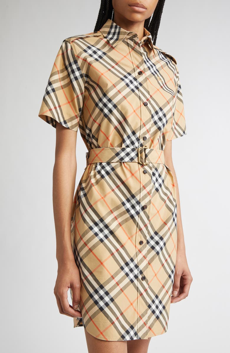Burberry Check Cotton Belted Shirtdress, Alternate, color, Sand Ip Check