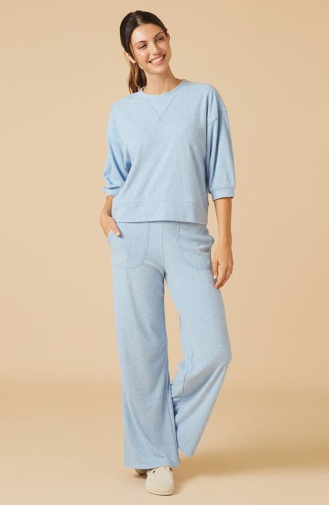 Terry Cropped Sleeve Crew Neck with Wide Leg Pant