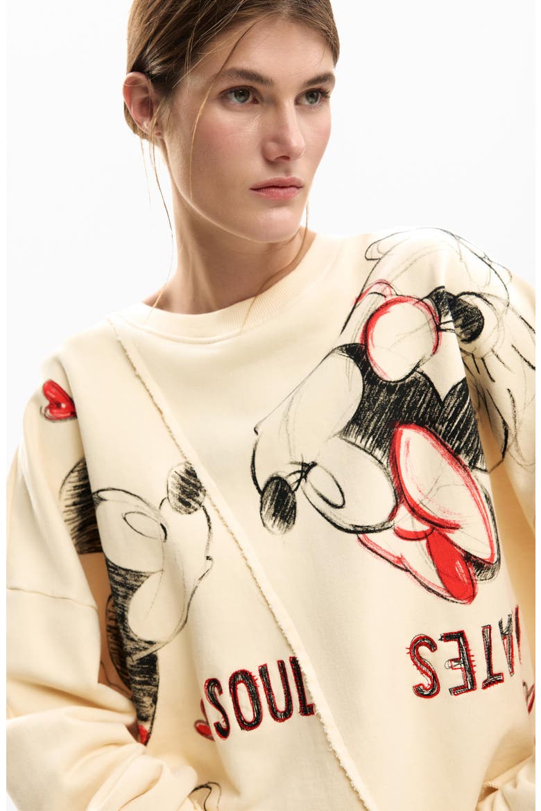Mickey & Minnie Mouse Raw Seam Fleece Graphic Sweatshirt, Alternate, color, OFF WHITE