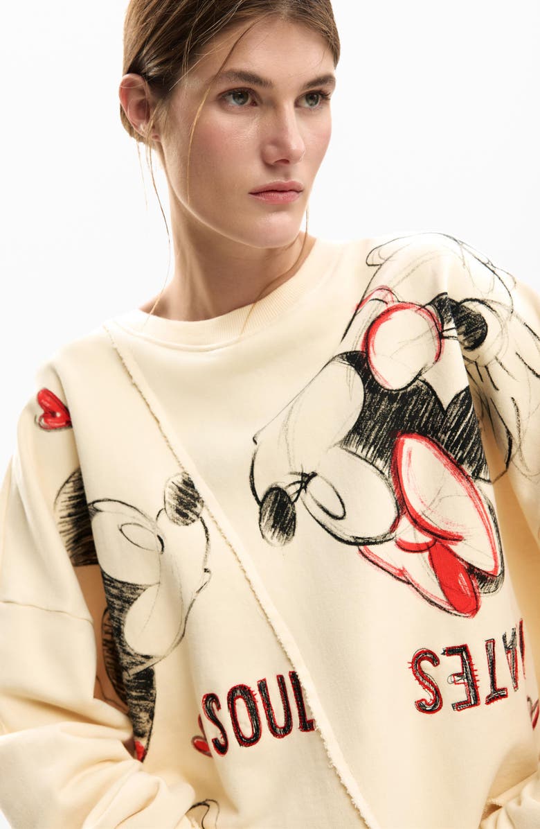 Desigual Mickey & Minnie Mouse Raw Seam Fleece Graphic Sweatshirt, Alternate, color, Off White