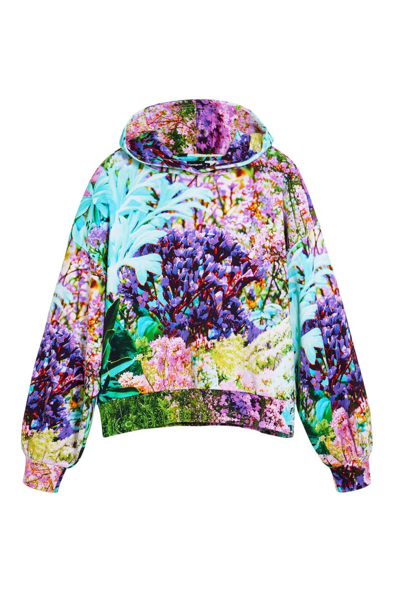 Printed Oversize Cotton Hoodie, Alternate, color, AQUA/ GREEN/ BLACK MULTI