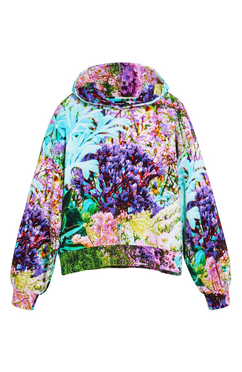 Desigual Printed Oversize Cotton Hoodie, Alternate, color, Aqua/ Green/ Black Multi