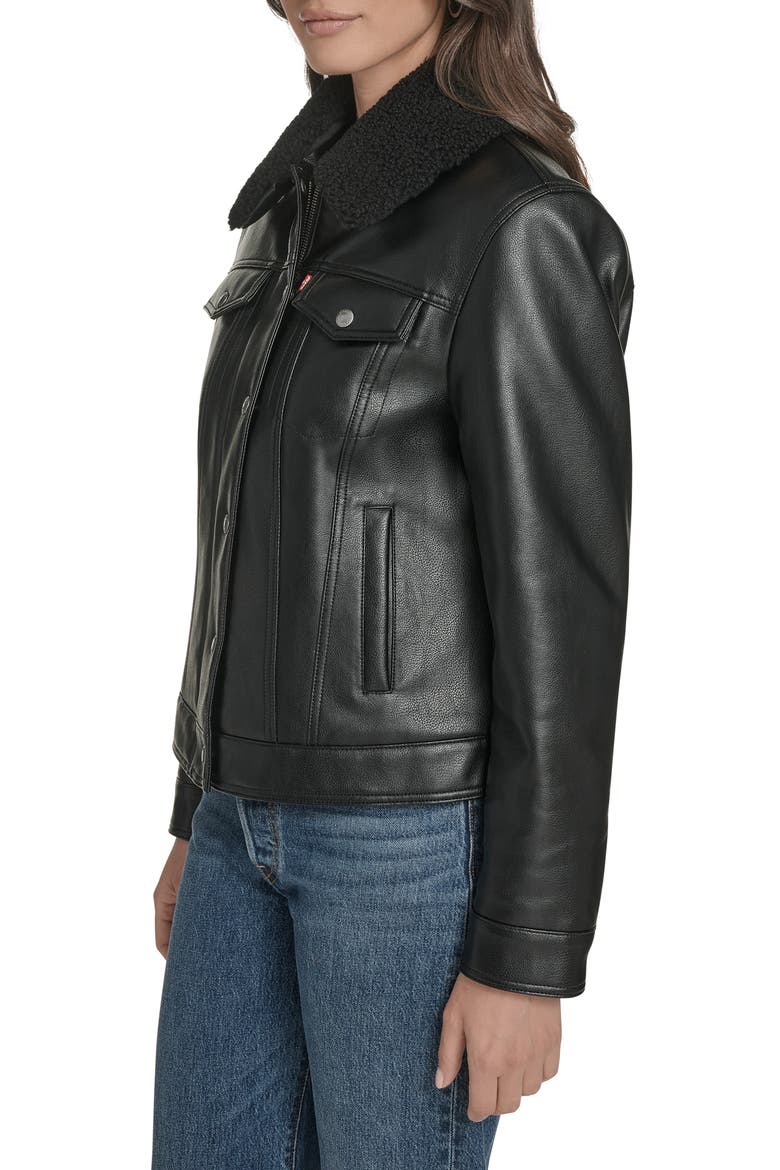 Faux Leather Trucker Jacket, Alternate, color, BLACK
