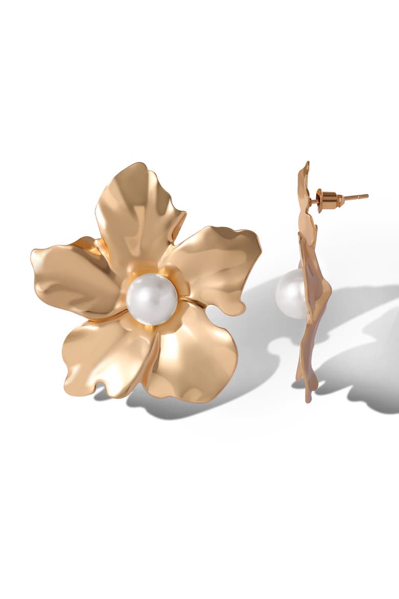 Flower Earrings with Pearl Center, Alternate, color, Gold