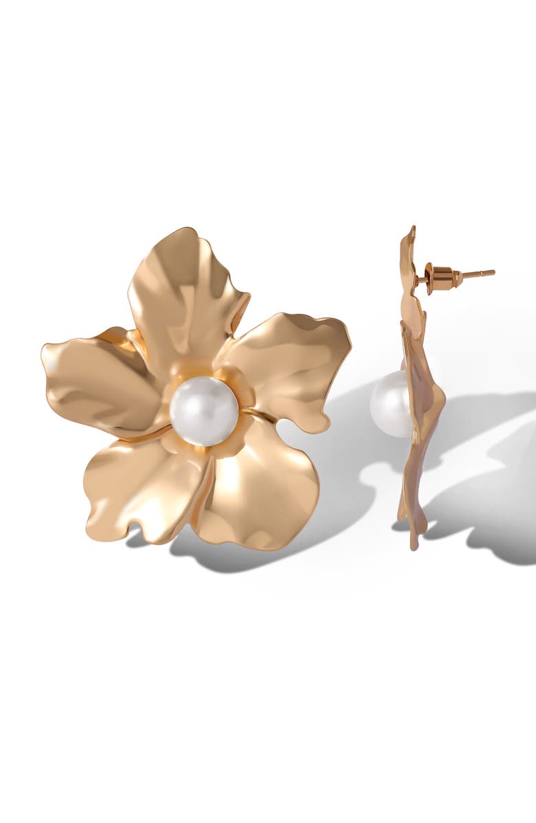 Jessica Simpson Flower Earrings with Pearl Center, Alternate, color, Gold