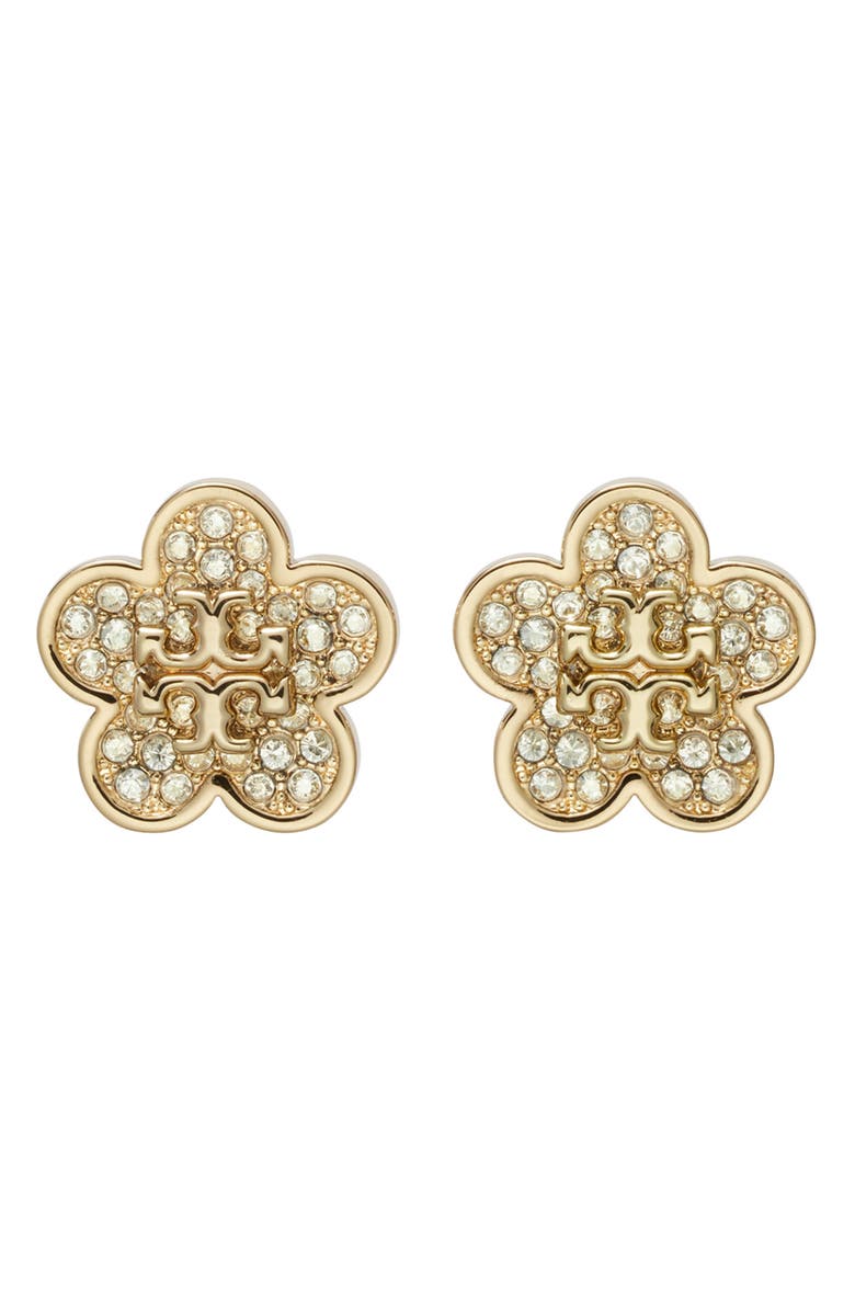 Tory Burch Forget Me Not Pavé Stud Earrings, Main, color, Tory Gold / Crystal