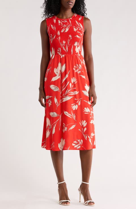 Smocked Sleeveless Fit & Flare Midi Dress