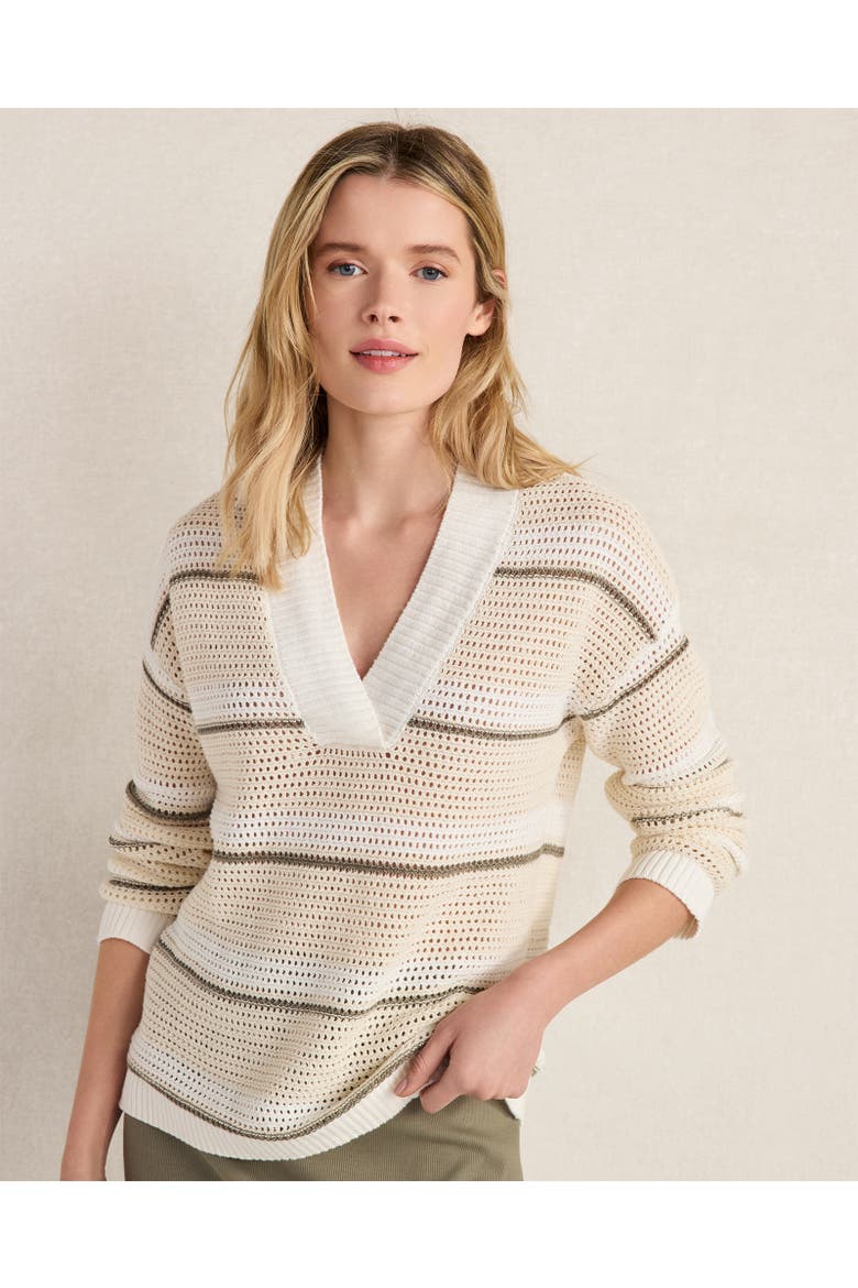 Cotton Linen Stripe Crossover Sweater, Main, color, Ivory/Sandstone/Vetiver