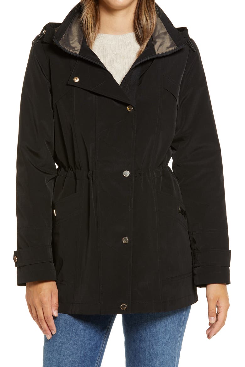 Cinched Waist Hooded Water Resistant Raincoat, Alternate, color, BLACK