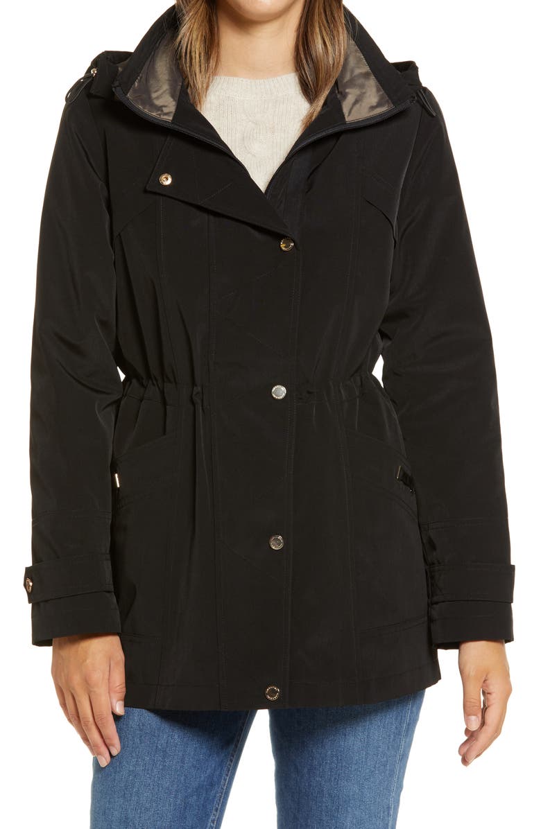 Gallery Cinched Waist Hooded Water Resistant Raincoat, Alternate, color, Black