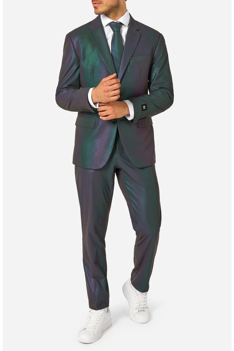 Reflective Perspective Iridescent Slim Fit Two-Piece Suit & Tie Set, Main, color, GREEN MISC