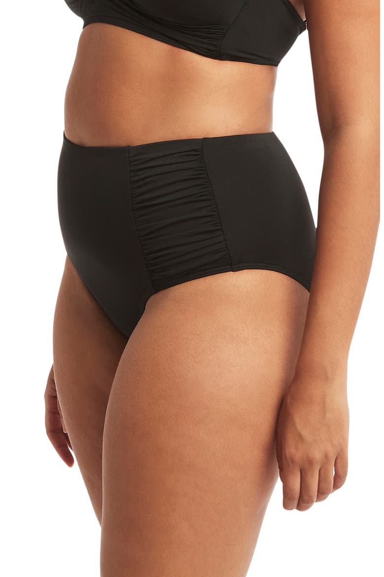 High Waist Gathered Side Swim Bottoms, Alternate, color, BLACK