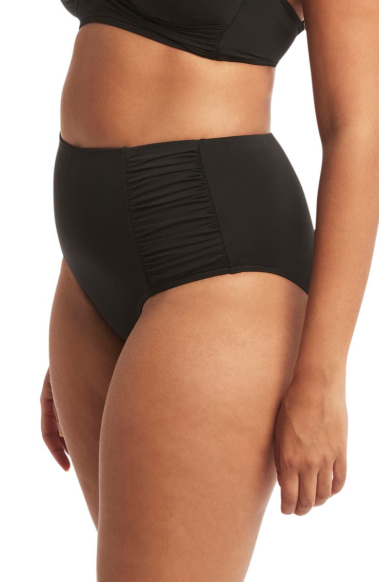 Sea Level High Waist Gathered Side Swim Bottoms, Alternate, color, Black