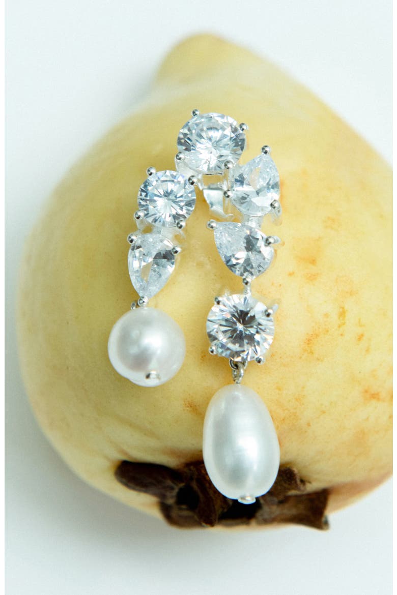 Cubic Zirconia & Freshwater Pearl Drop Earrings, Alternate, color, SILVER PLATED