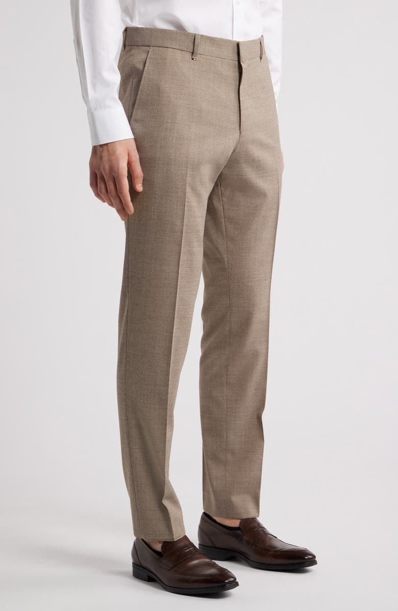 BOSS Genius Slim Fit Tan Microcheck Flat Front Stretch Dress Pants, Alternate, color, Light Beige