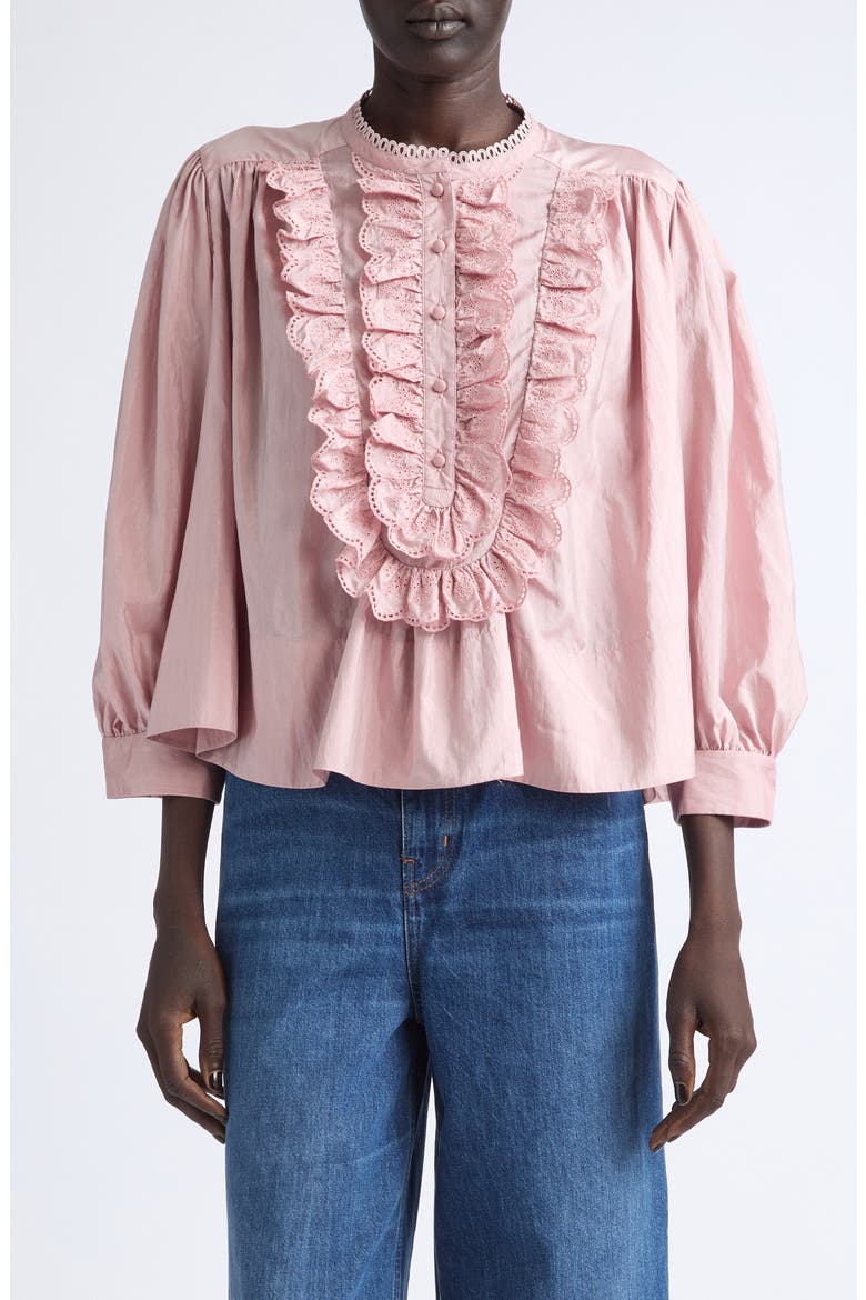 Eyelet Ruffle Gathered Taffeta Top, Main, color, SHADOW PINK