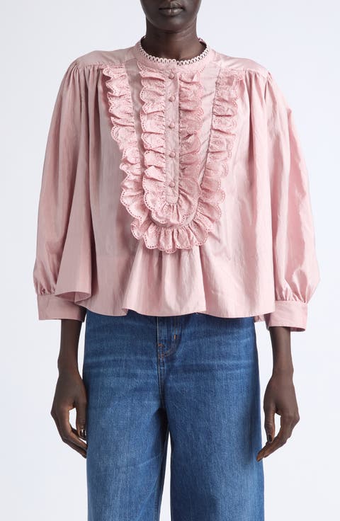 Eyelet Ruffle Gathered Taffeta Top