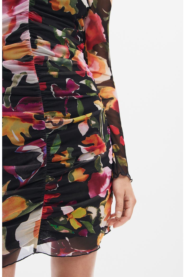 Floral Ruched Long Sleeve Minidress, Alternate, color, BLACK