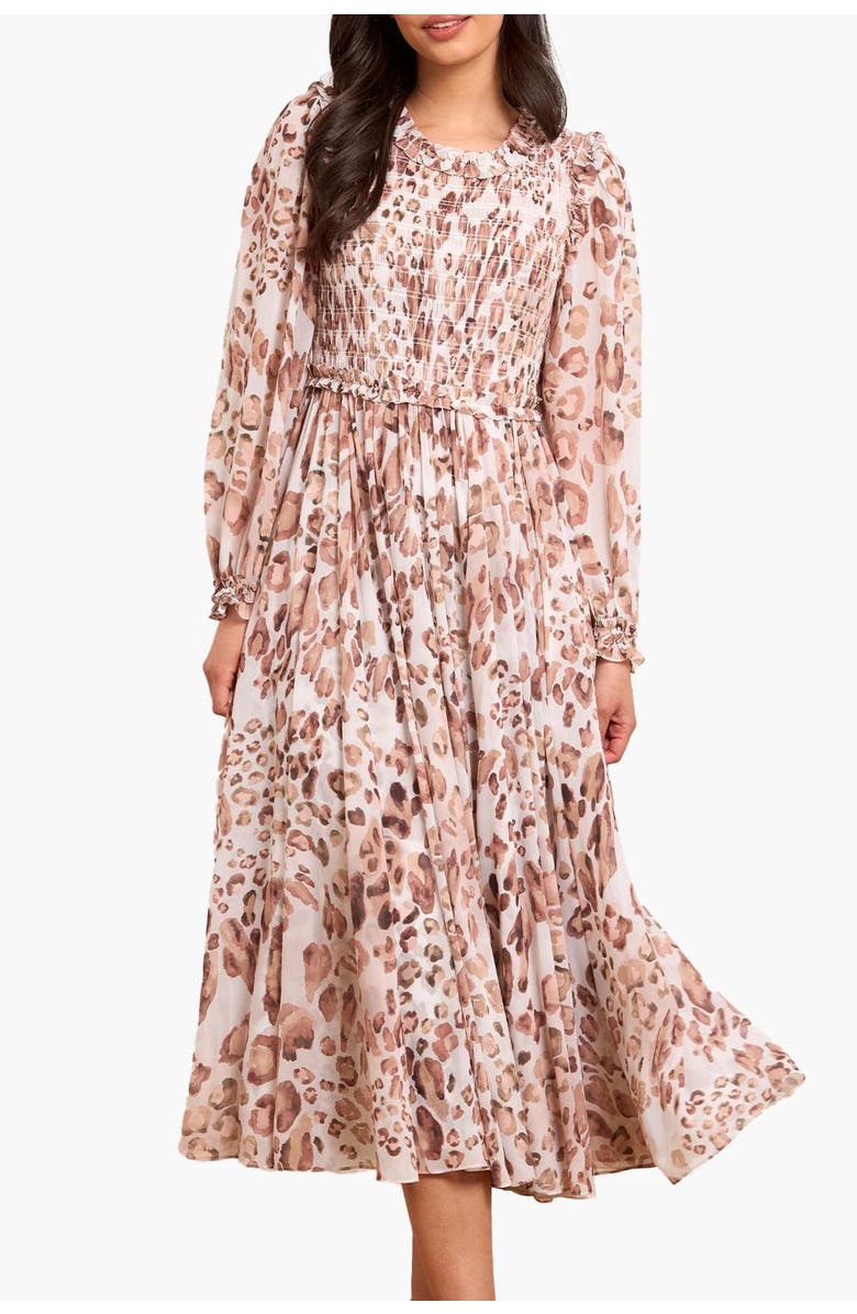 Needle & Thread Leopard Chiffon Smocked Ballerina Dress, Main, color, Moonshine