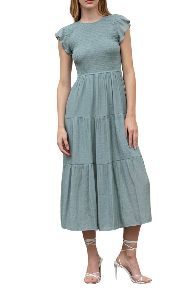 Flutter Sleeve Smocked Tiered Midi Dress, Main, color, SAGE