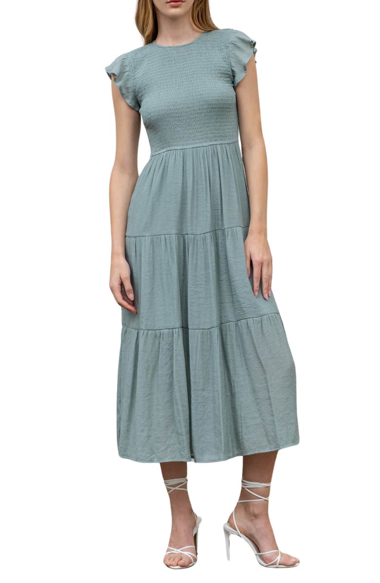 Blu Pepper Flutter Sleeve Smocked Tiered Midi Dress, Main, color, Sage