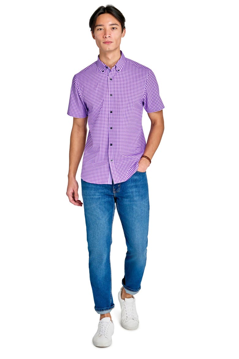 Slim Fit Mini Check Recycled 4-Way Stretch Performance Short Sleeve Shirt, Alternate, color, LILAC