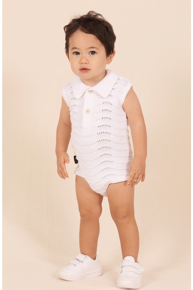 Open Stitch Cotton Polo Sweater Romper, Alternate, color, WHITE