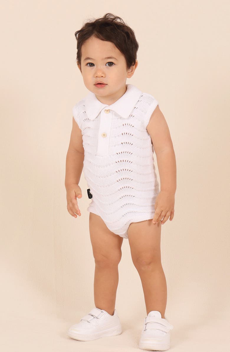TINY TRIBE Open Stitch Cotton Polo Sweater Romper, Alternate, color, White