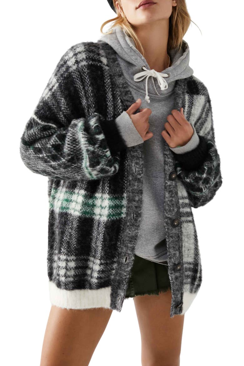 Sepia Plaid Jacquard Oversize Cardigan, Main, color, BLACK AND WHITE COMBO