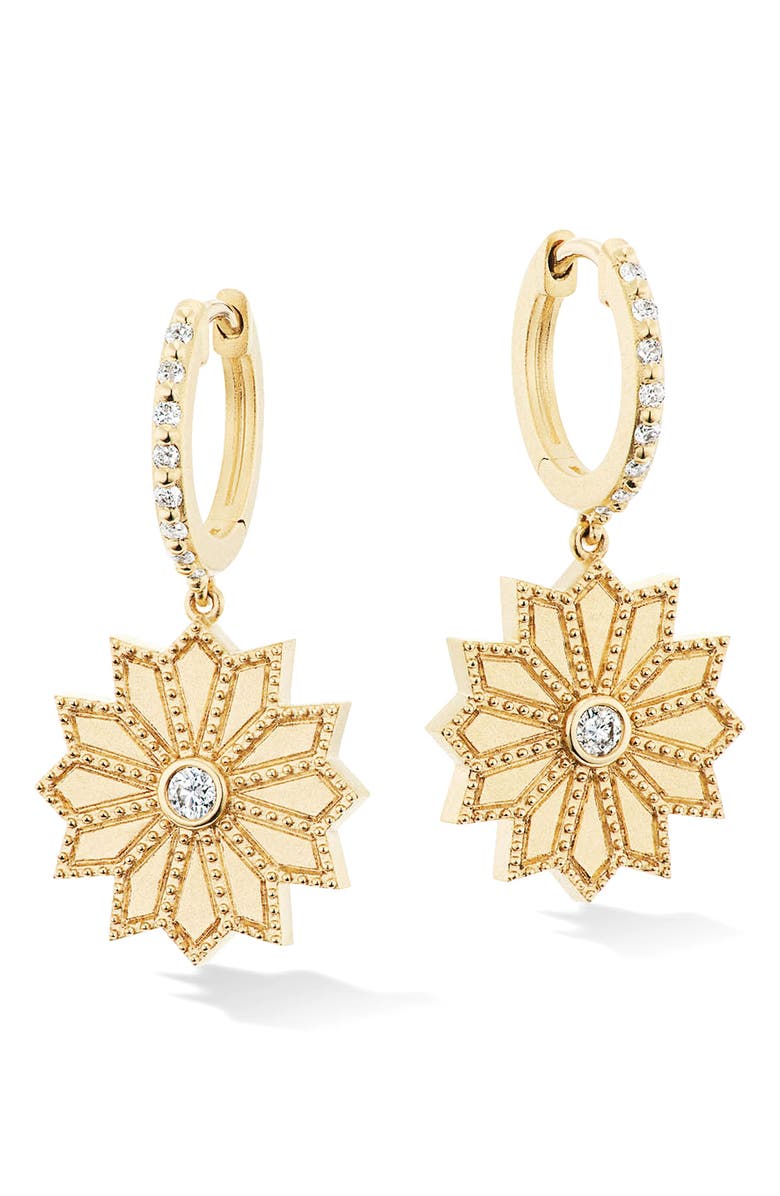 Orly Marcel Sacred Flower Diamond Drop Huggie Hoop Earrings, Main, color, Gold
