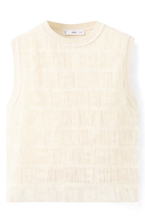 Ruched Sleeveless Mesh Overlay Knit Sweater