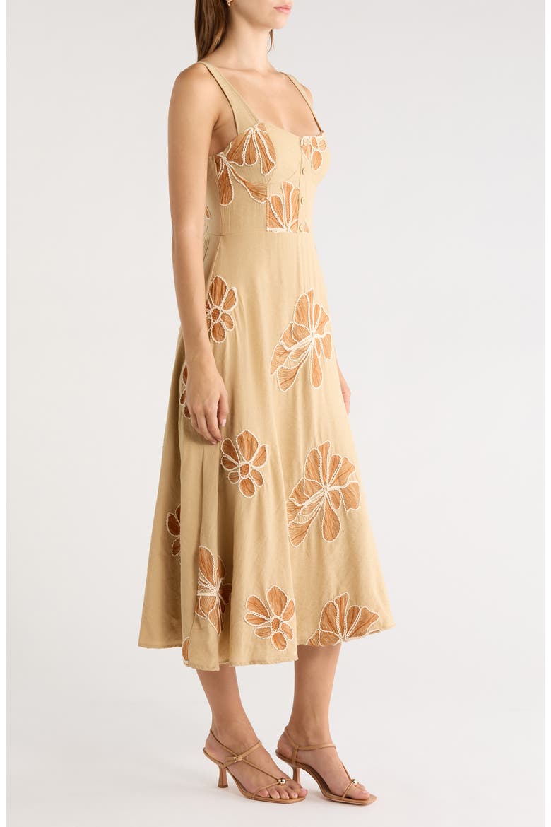 Placed Embroidered Floral Midi Dress, Alternate, color, MOCHA MULTI