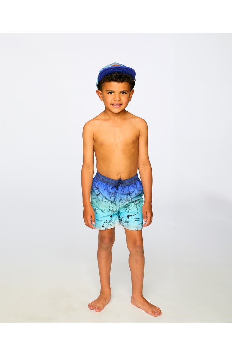 Deux par Deux Mid Thigh Elastic Waist Beach Boardshorts, Alternate, color, Blue Beach Print