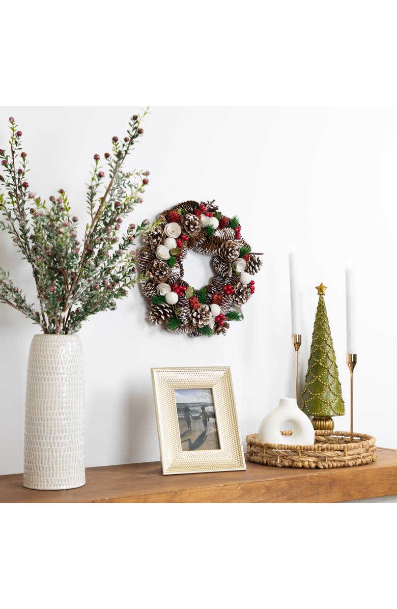 Northlight White Wooden Rose and Pine Cone Artificial Christmas Wreath - 14" - Unlit, Alternate, color, Brown