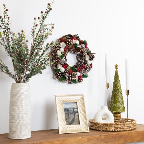 Northlight White Wooden Rose And Pine Cone Artificial Christmas Wreath In Multi