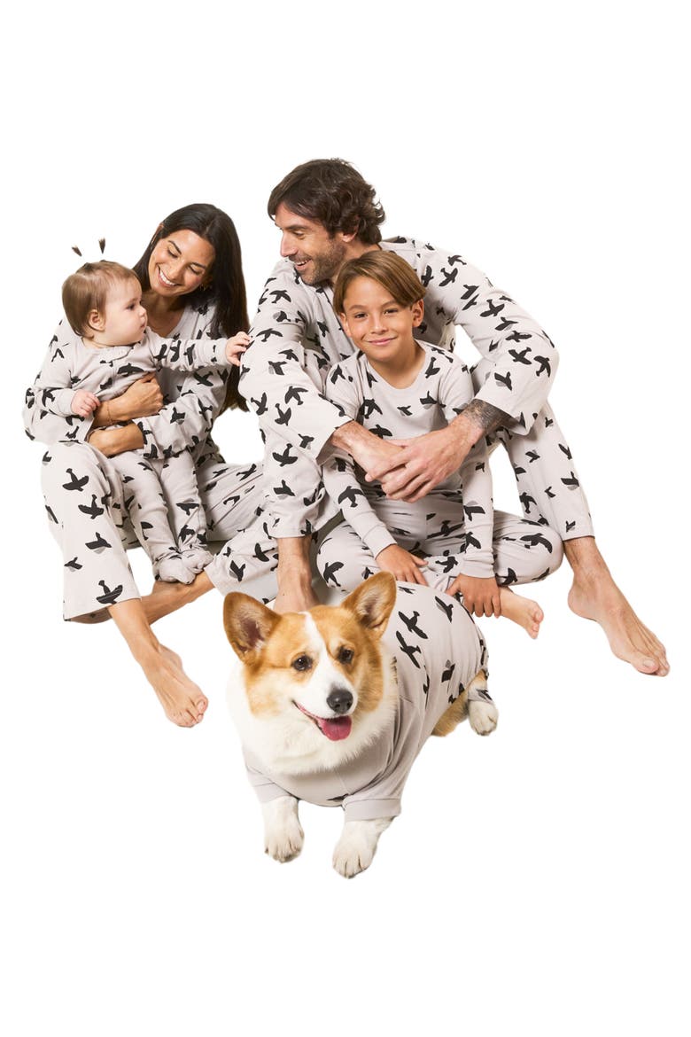 Kids Footed Cotton Matching Family Pajamas, Nature & Water Prints, Alternate, color, Bird Gray