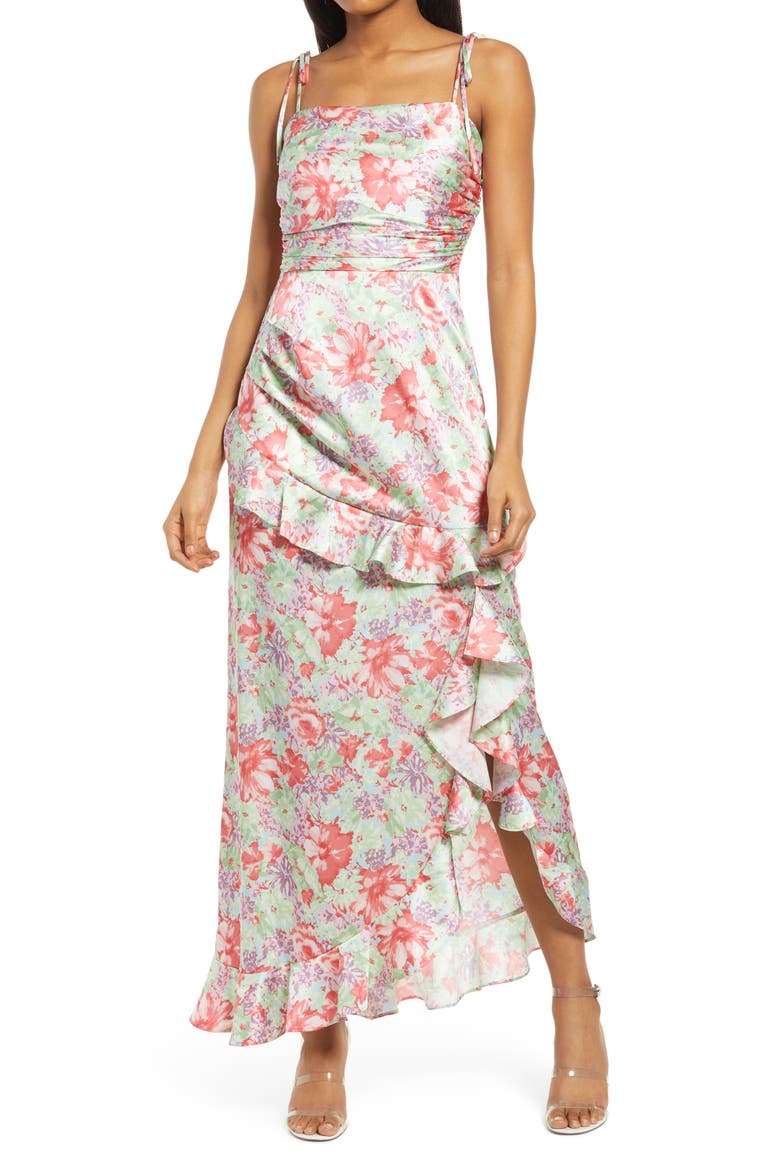 Floral Tie Strap Satin Maxi Dress, Main, color, CHERISE WATERCOLOR FLORAL