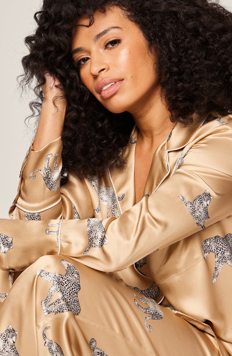 Petite Plume Panthre de Nuit Piped Mulberry Silk Pajamas, Alternate, color, 