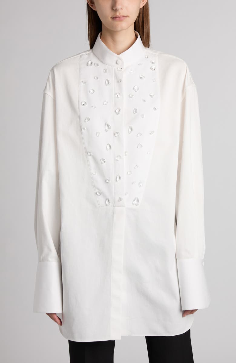 McQueen Crystal Embellished Cotton Button-Up Shirt, Main, color, 