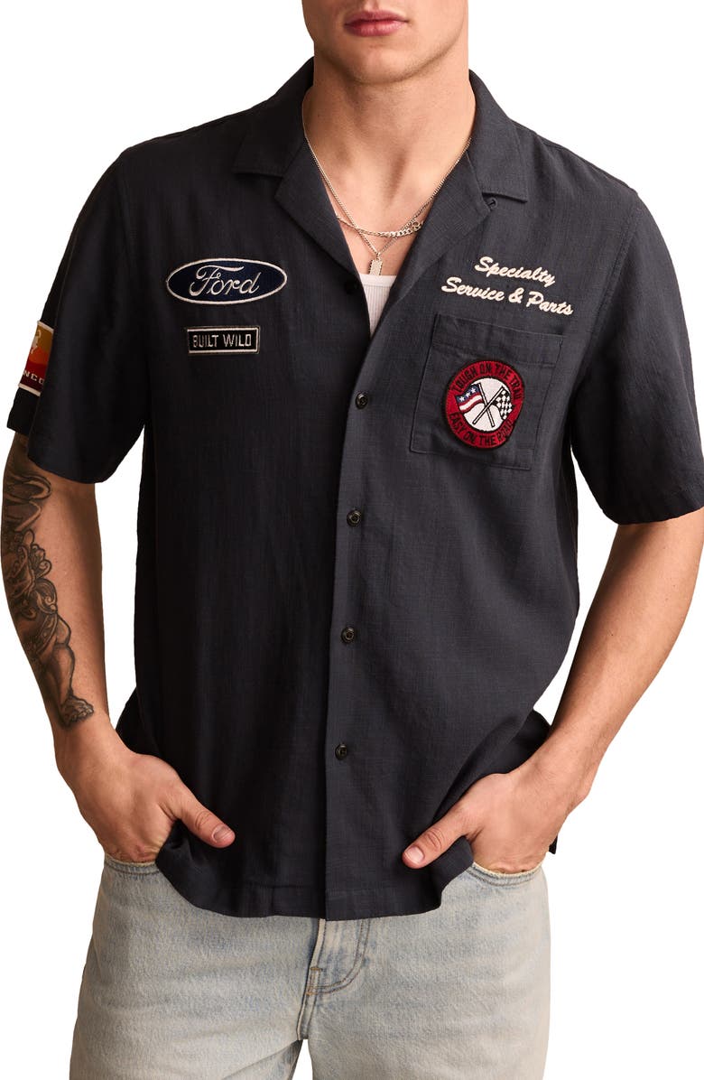 Lucky Brand Ford Mechanic Embroidered Short Sleeve Cotton Graphic Camp Shirt, Main, color,