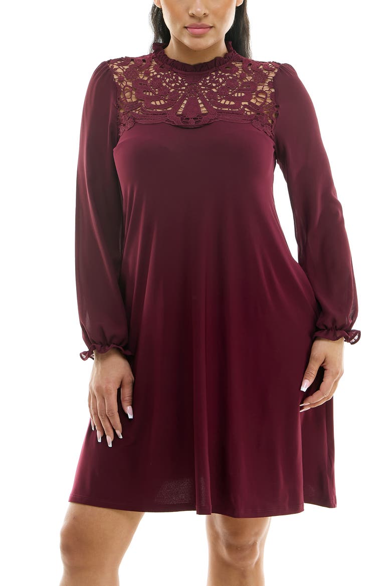 Lace Yoke Long Sleeve Trapeze Dress, Alternate, color, DEEP WINE
