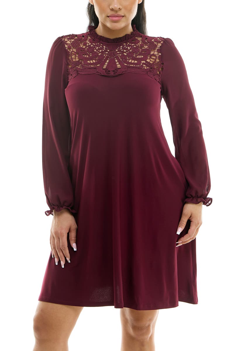 Nina Leonard Lace Yoke Long Sleeve Trapeze Dress, Alternate, color, Deep Wine