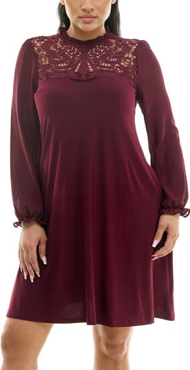 Lace Yoke Long Sleeve Trapeze Dress