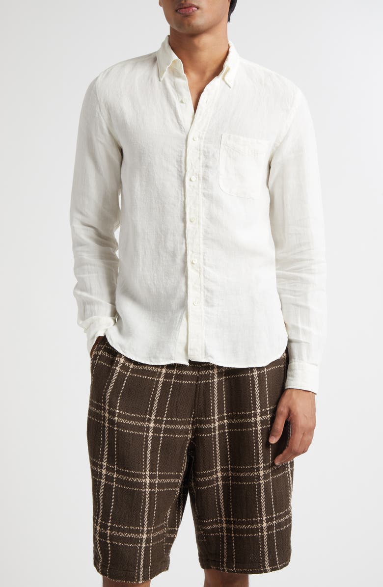 BEAMS Linen Chambray Button-Down Shirt, Main, color, White