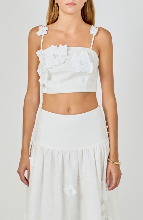 3D Floral Detail Linen Shell Top