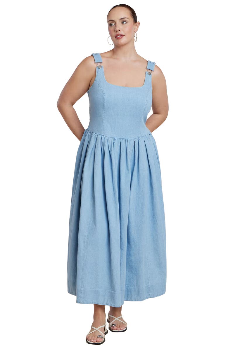 ELOQUII Drop-Waist Chambray Maxi Dress, Main, color, Light Wash