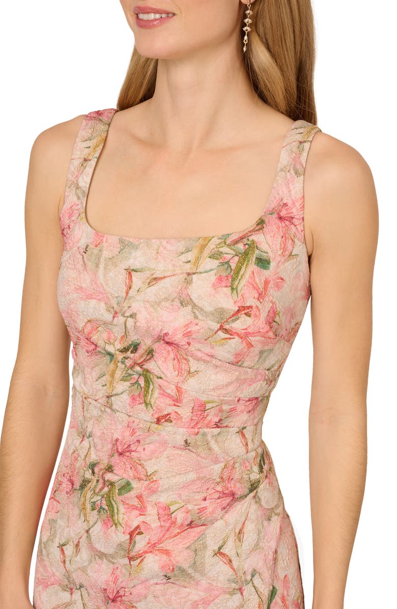 Adrianna Papell Floral Jacquard Metallic Matelasse Column Gown, Alternate, color, Coral Multi