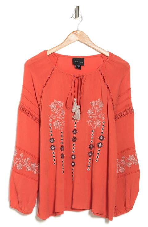 Embroidered Keyhole Long Sleeve Tunic Top